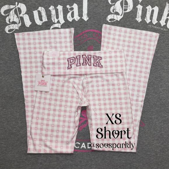 LoveShackFancy Pants - PINK x LoveShackFancy Icon Gingham Pink Plaid Cotton Foldover Flare Leggings